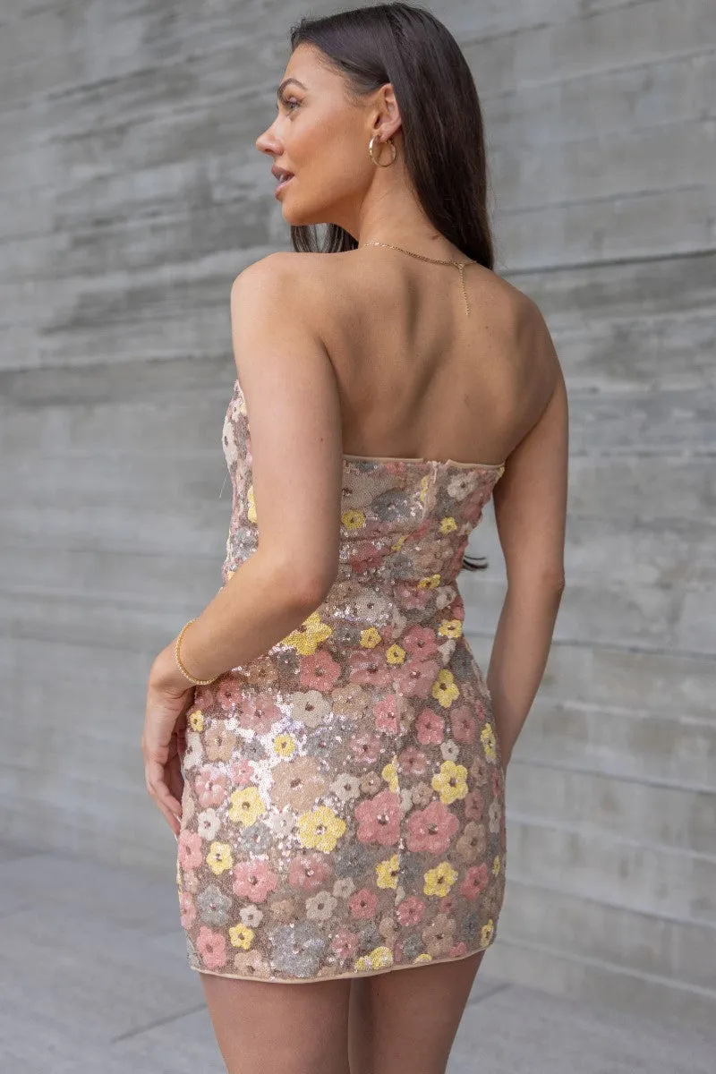 Samira Strapless Floral Sequin Mini Dress