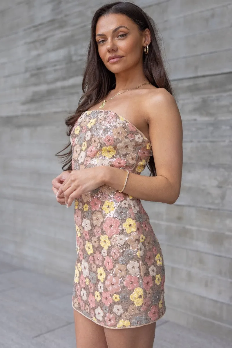 Samira Strapless Floral Sequin Mini Dress