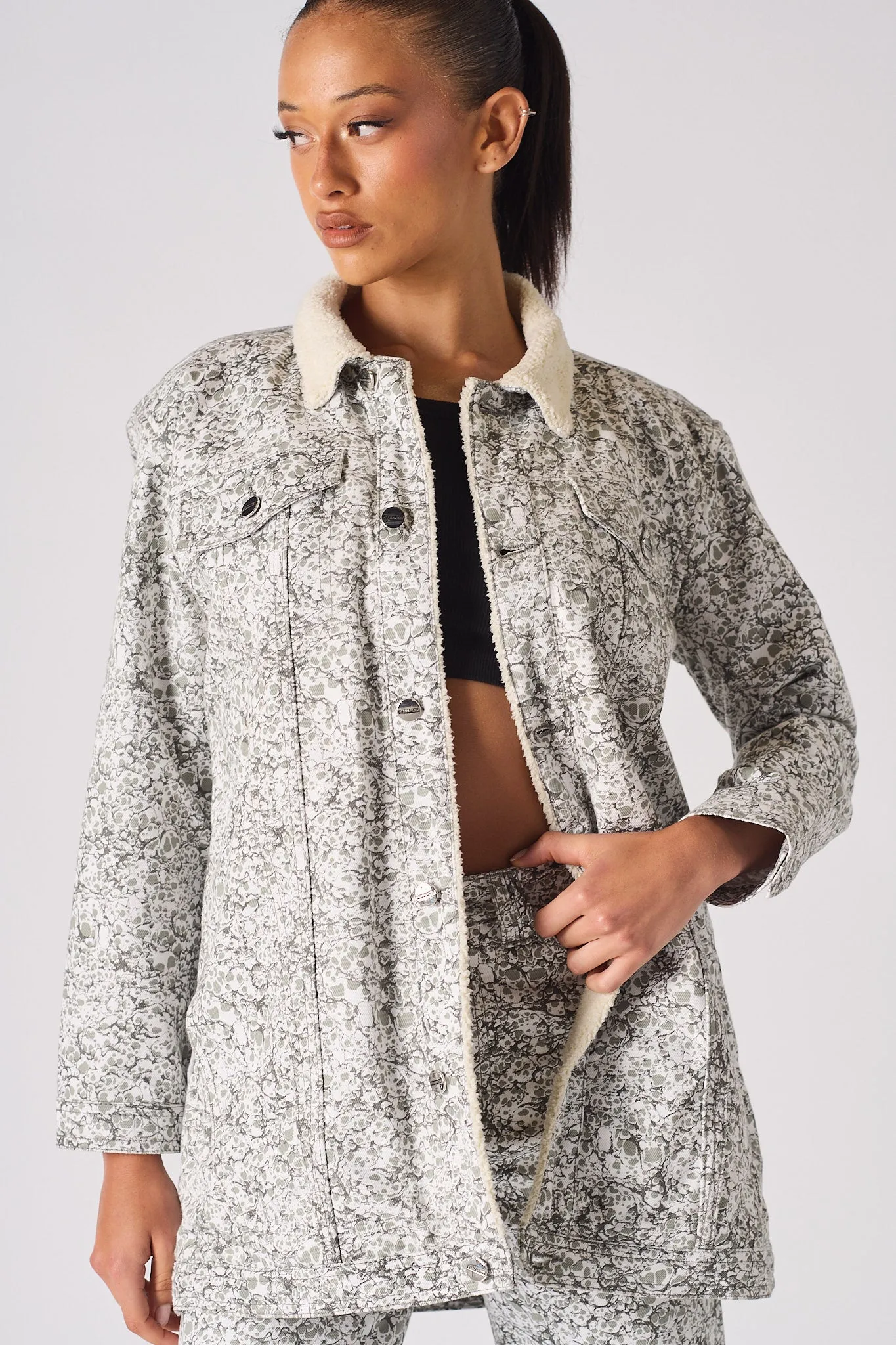 Sherpa printed Denim Jacket - Grey