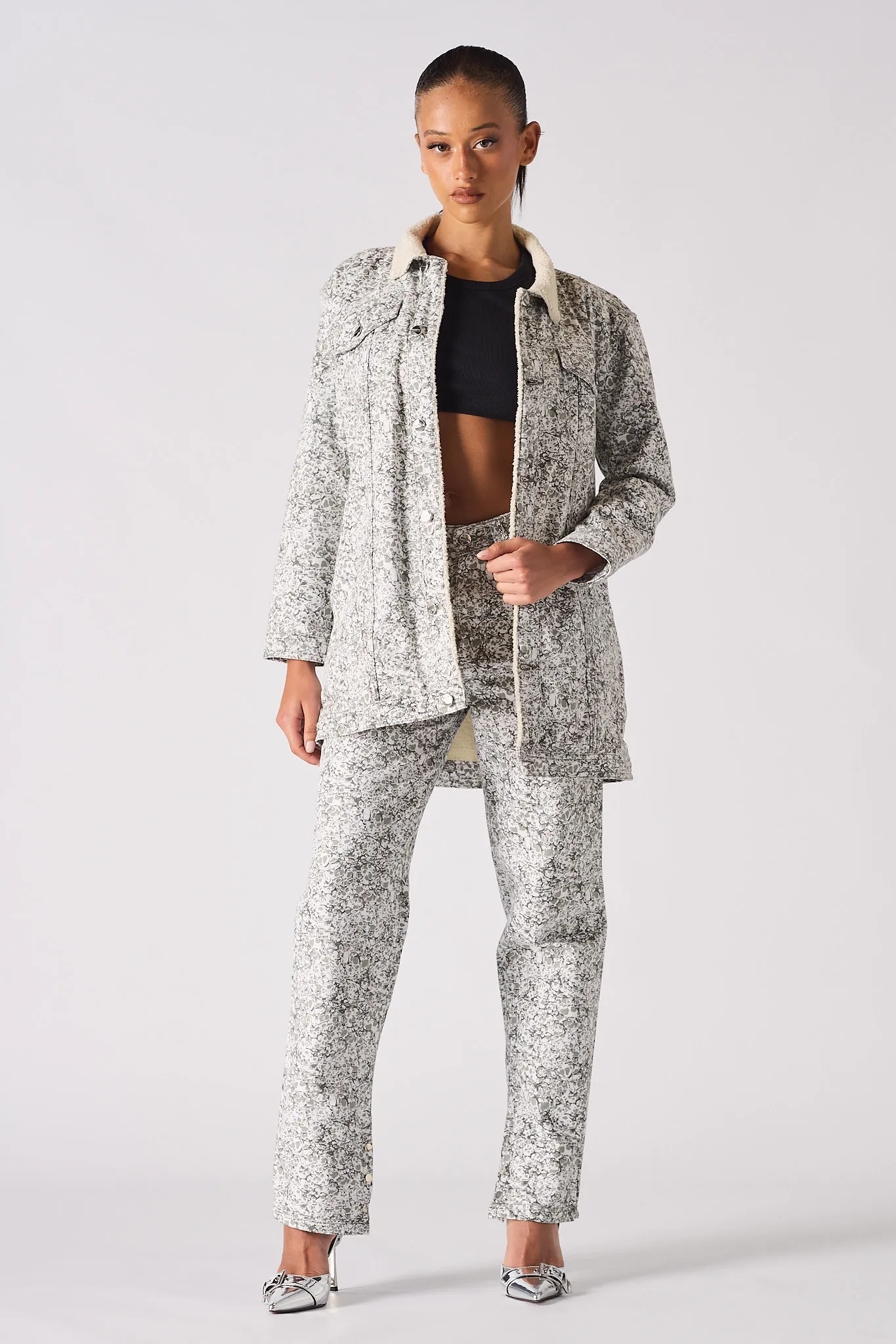 Sherpa printed Denim Jacket - Grey