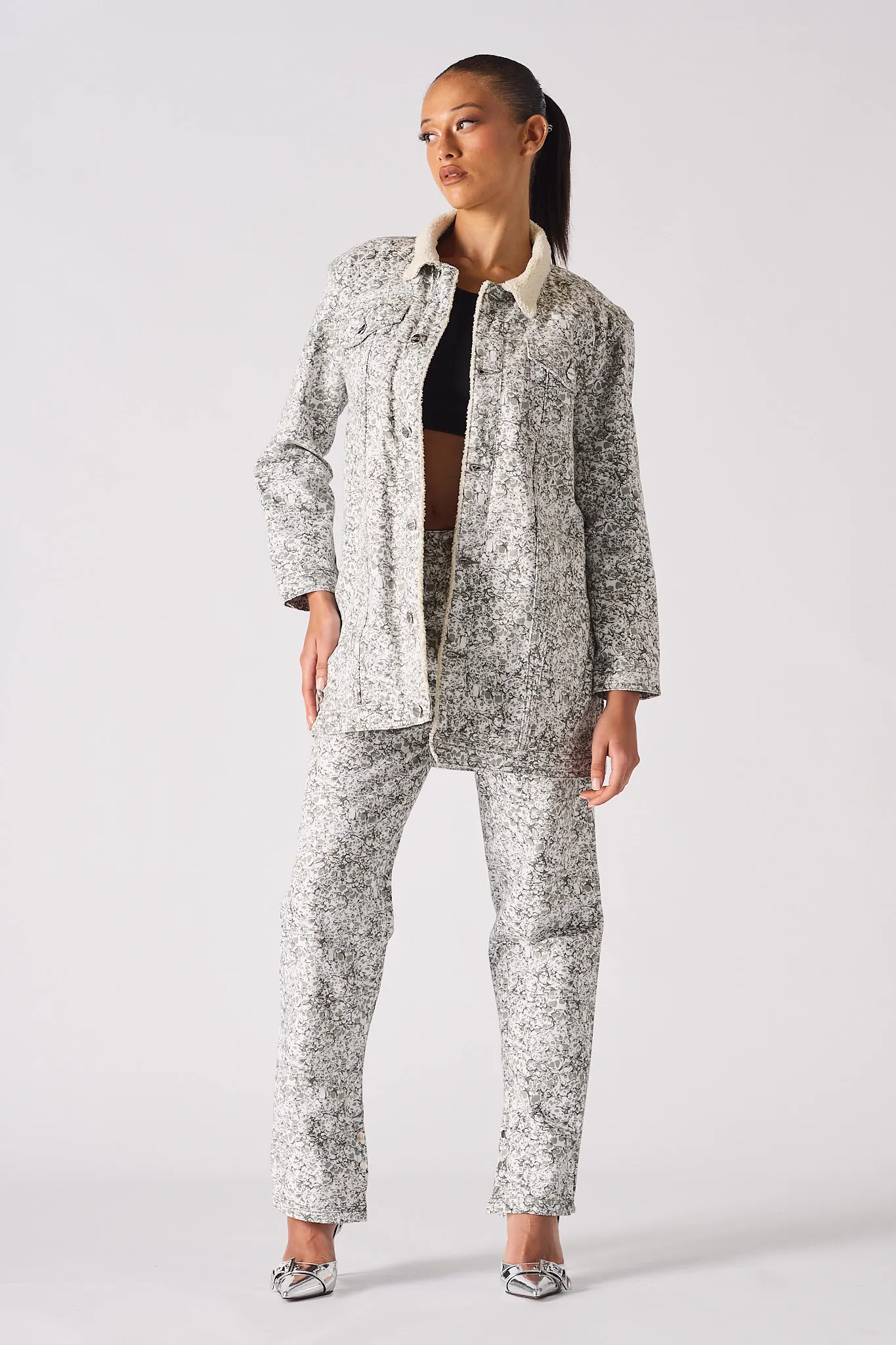 Sherpa printed Denim Jacket - Grey
