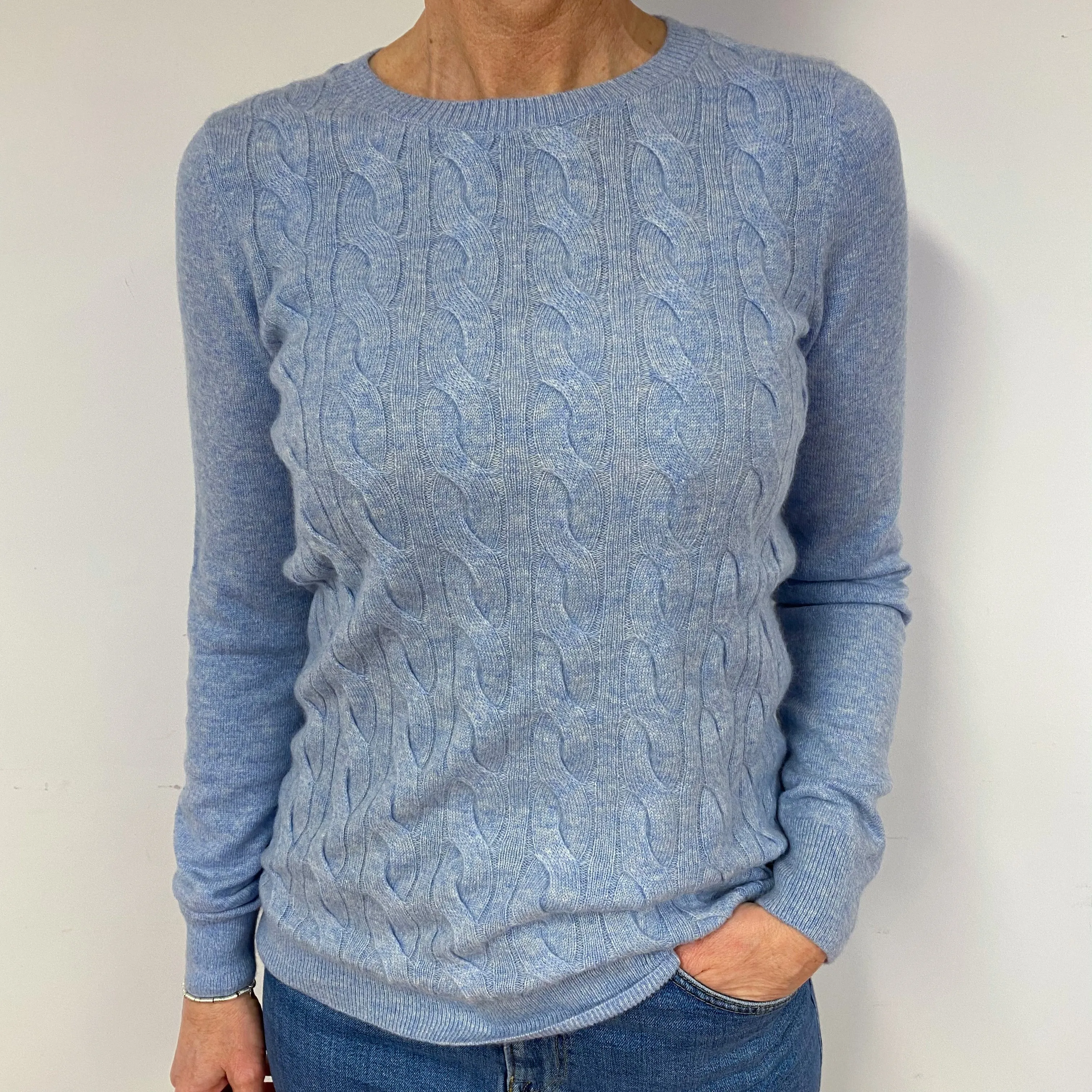 Sky Blue Cable Cashmere Crew Neck Jumper Medium