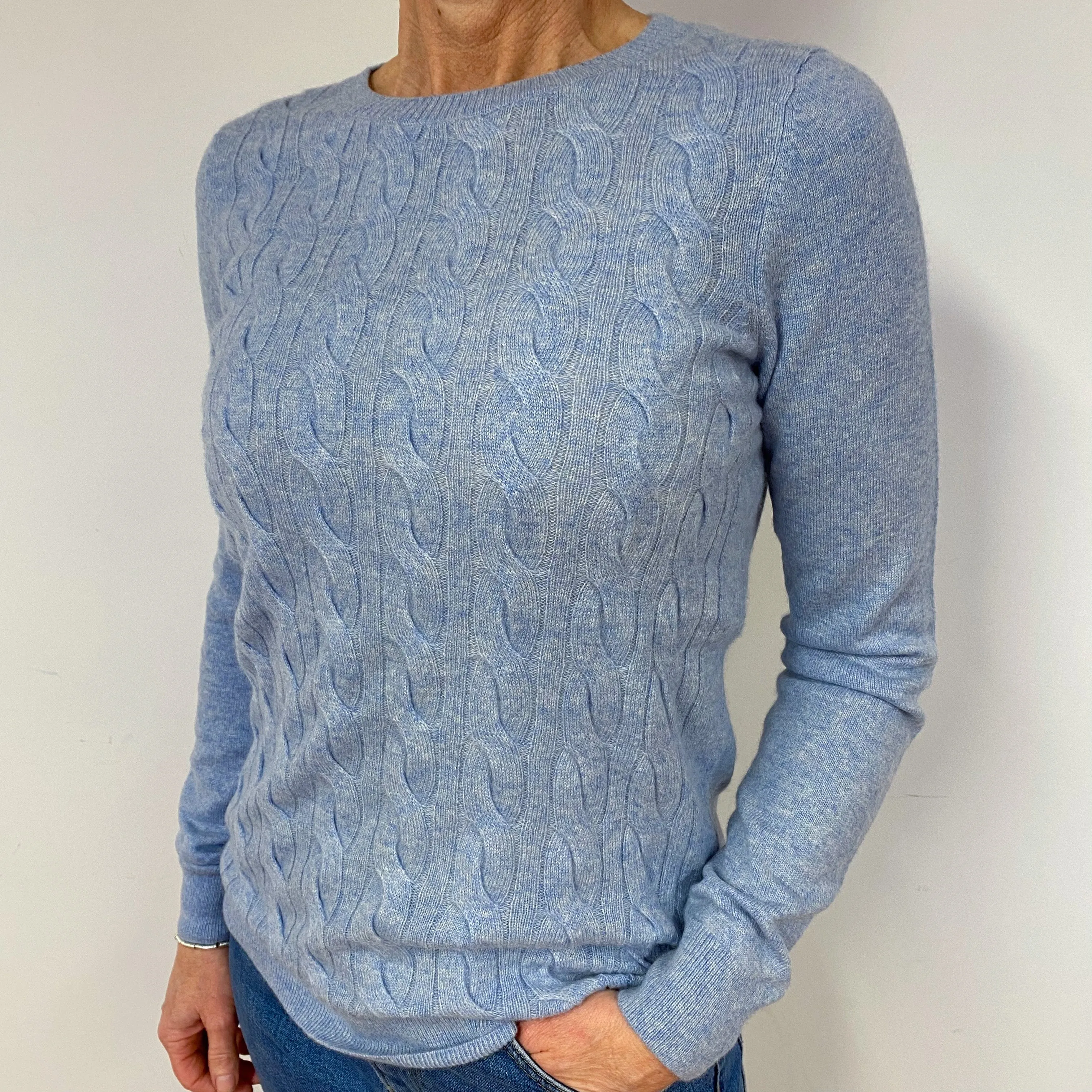 Sky Blue Cable Cashmere Crew Neck Jumper Medium