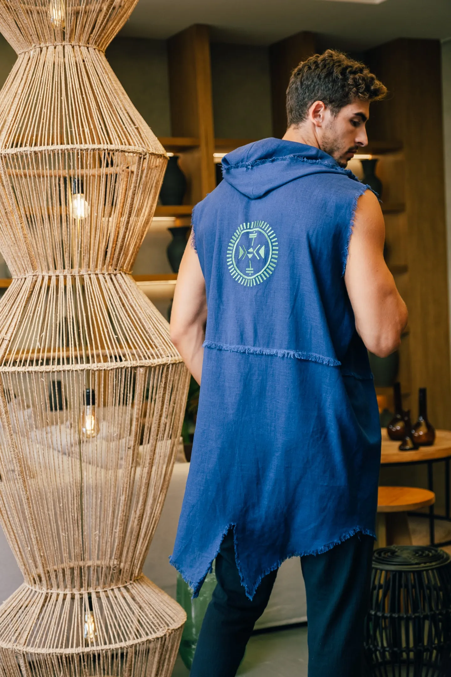 SLEEVELESS NAVY BLUE HOODIE WITH BACK EMBROIDERY PRICE