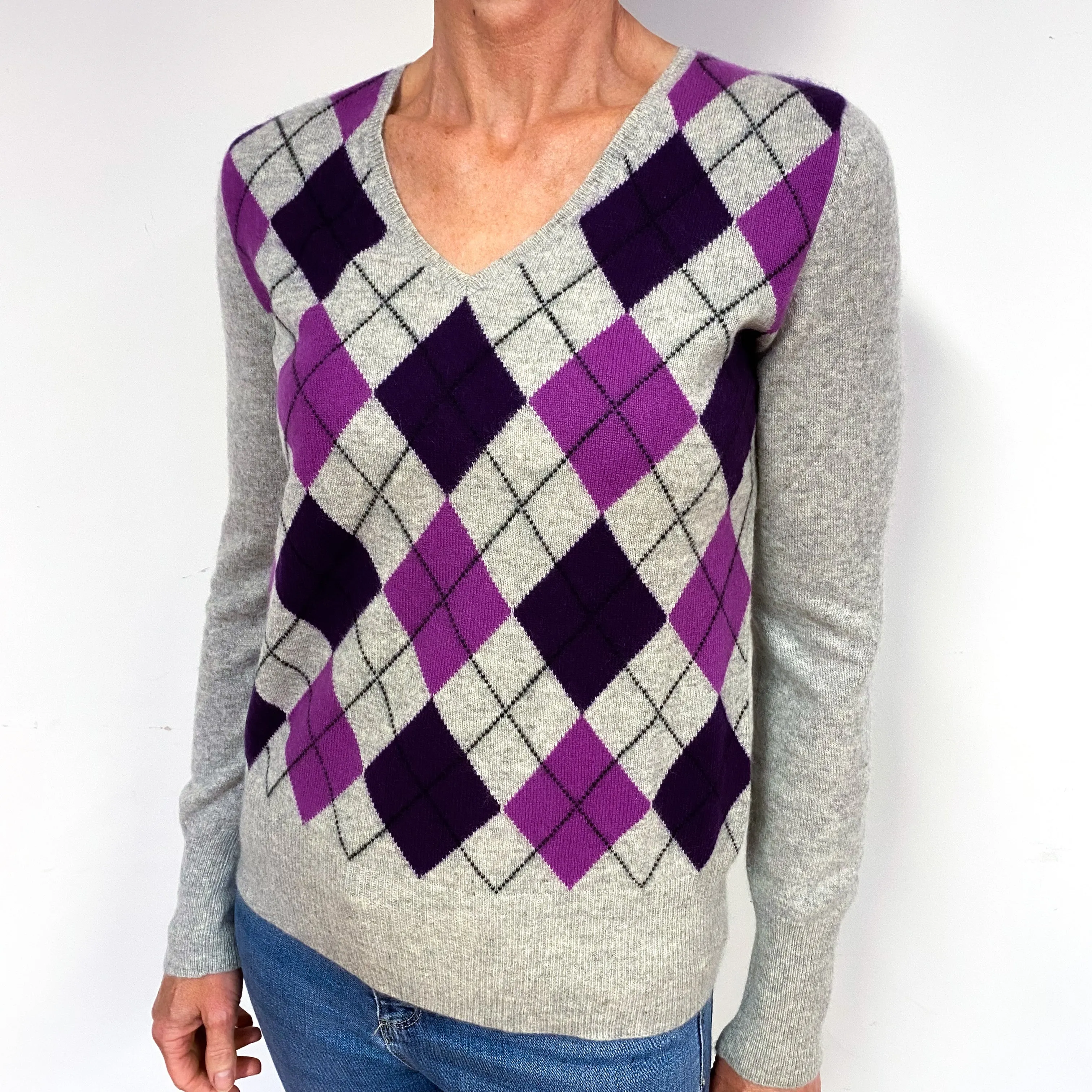 Smoke Grey Purple Diamond Cashmere V-Neck Jumper Medium
