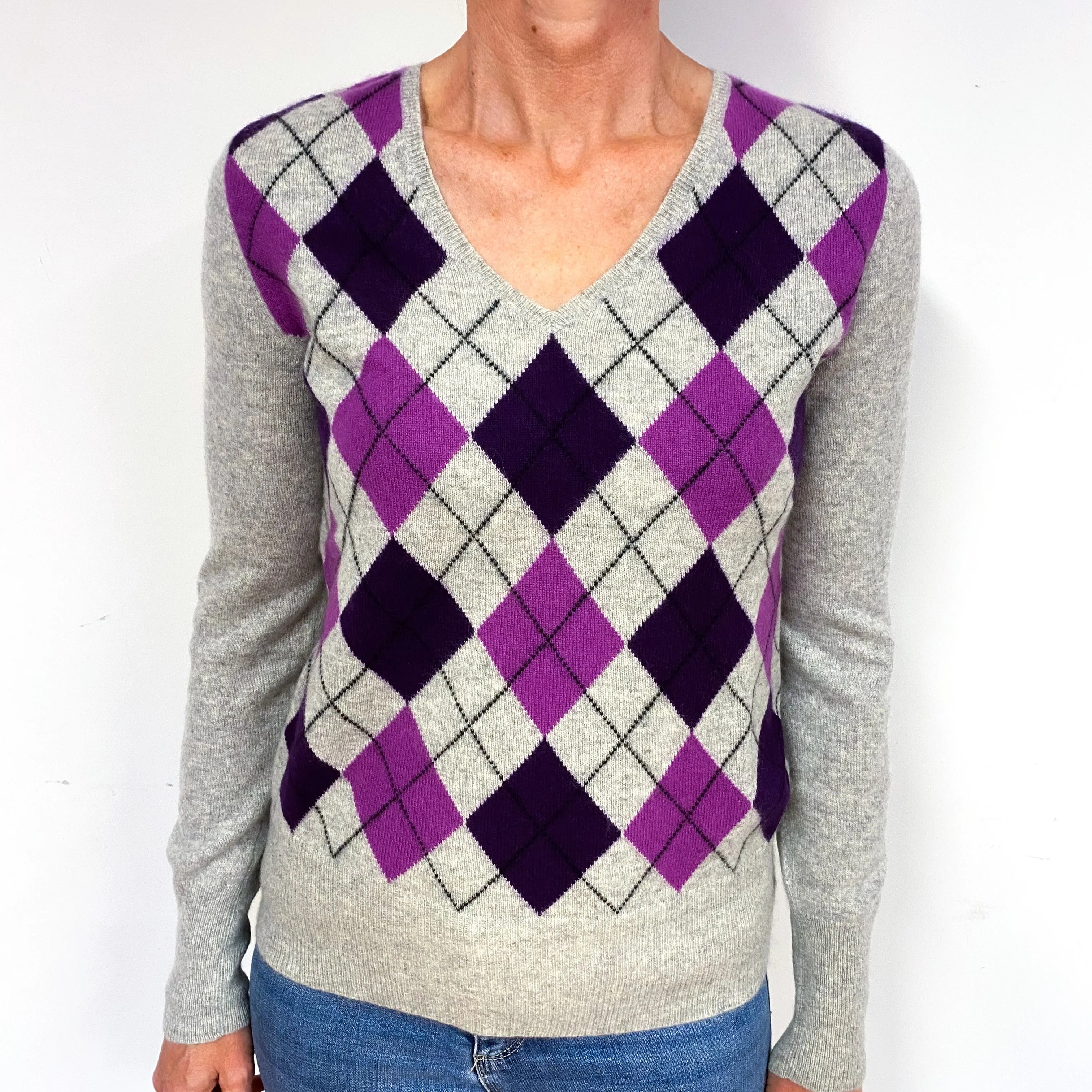 Smoke Grey Purple Diamond Cashmere V-Neck Jumper Medium