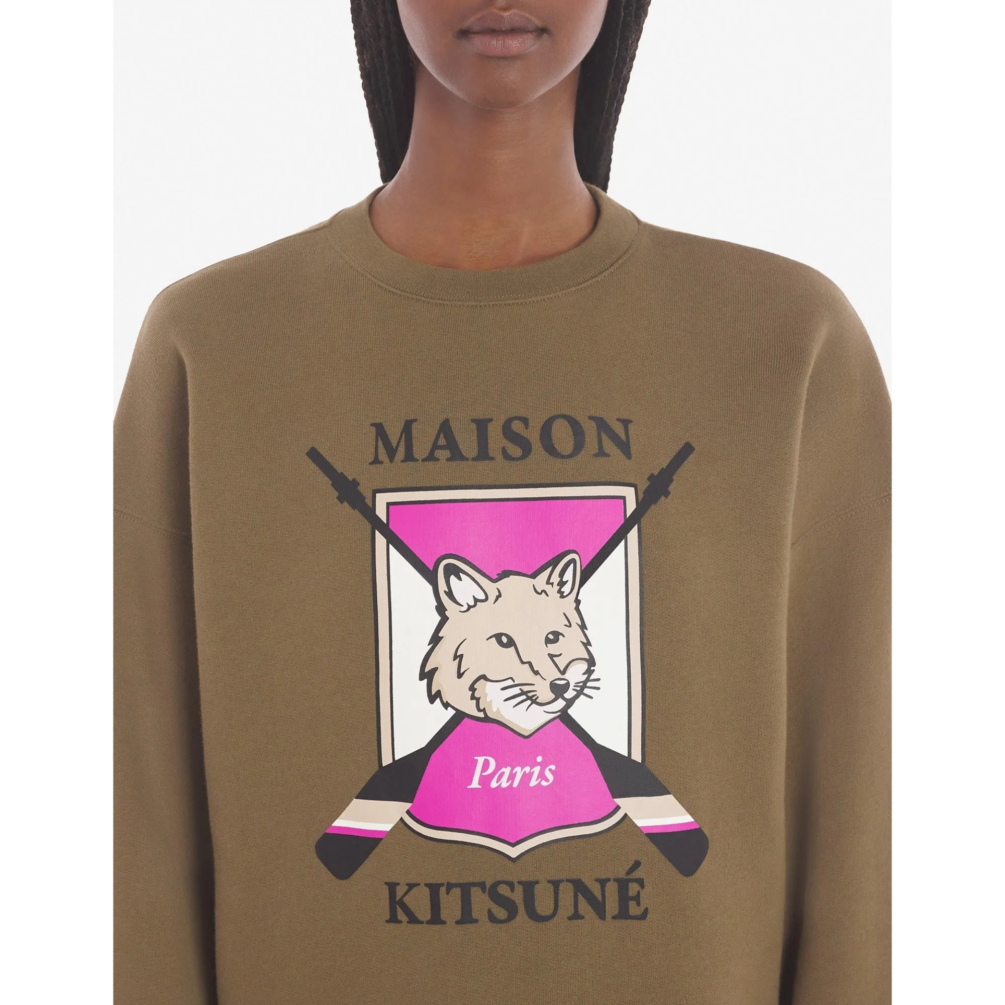 Women College Fox Printed Comfort Sweatshirt - Khaki